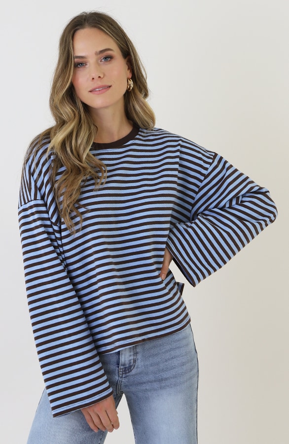 Oversized Streifen Top Baumwolle Choco Baby Blue, Tops, Foto 5