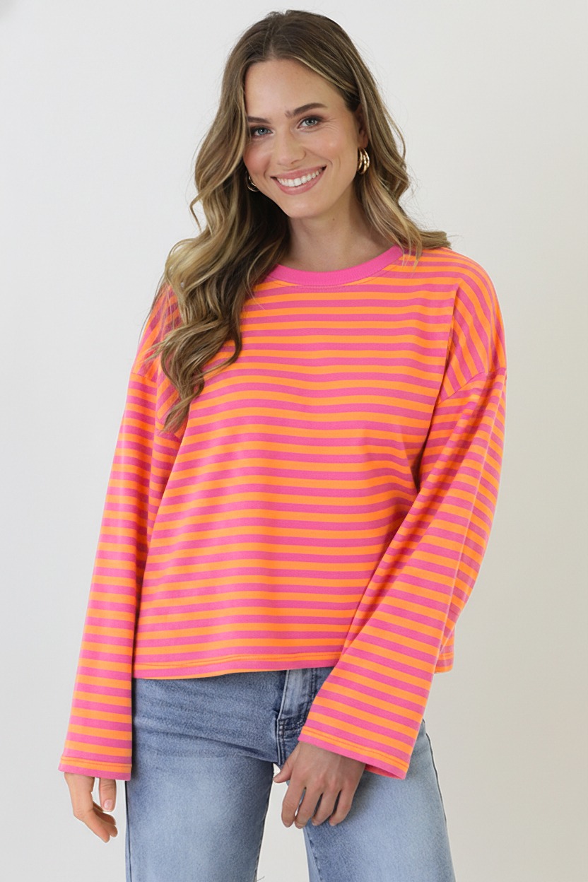 Oversized Streifen Top Baumwolle Fuchsia Orange, Tops, Foto 5