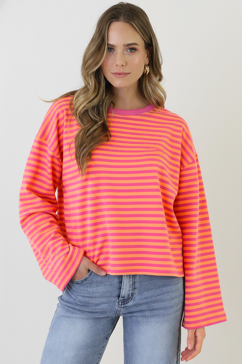 Oversized Streifen Top Baumwolle Fuchsia Orange, Tops, Foto 2