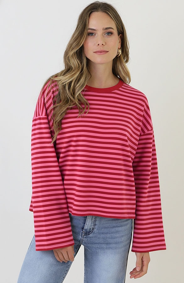 Oversized Streifen Top Baumwolle Fuchsia Rosa, Tops, Foto 6