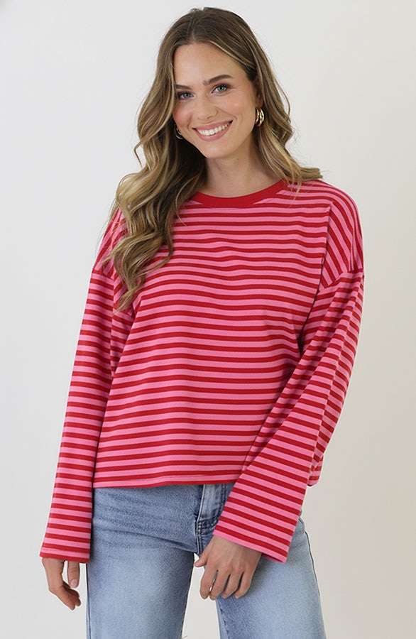 Oversized Streifen Top Baumwolle Fuchsia Rosa, Tops