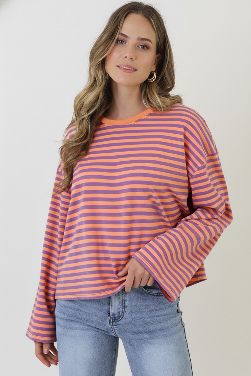 Oversized Streifen Top Baumwolle Lila Orange, Tops