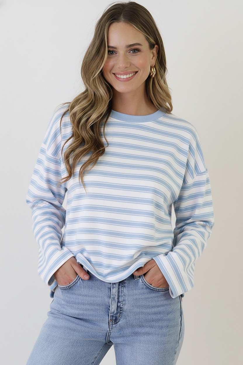 Oversized Streifen Top Viskose Baby Blue, Tops