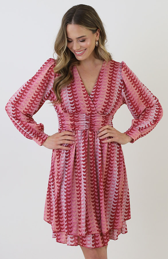 Smocked Waistband Lurex Jurk Roze Rood – jurken, foto 8