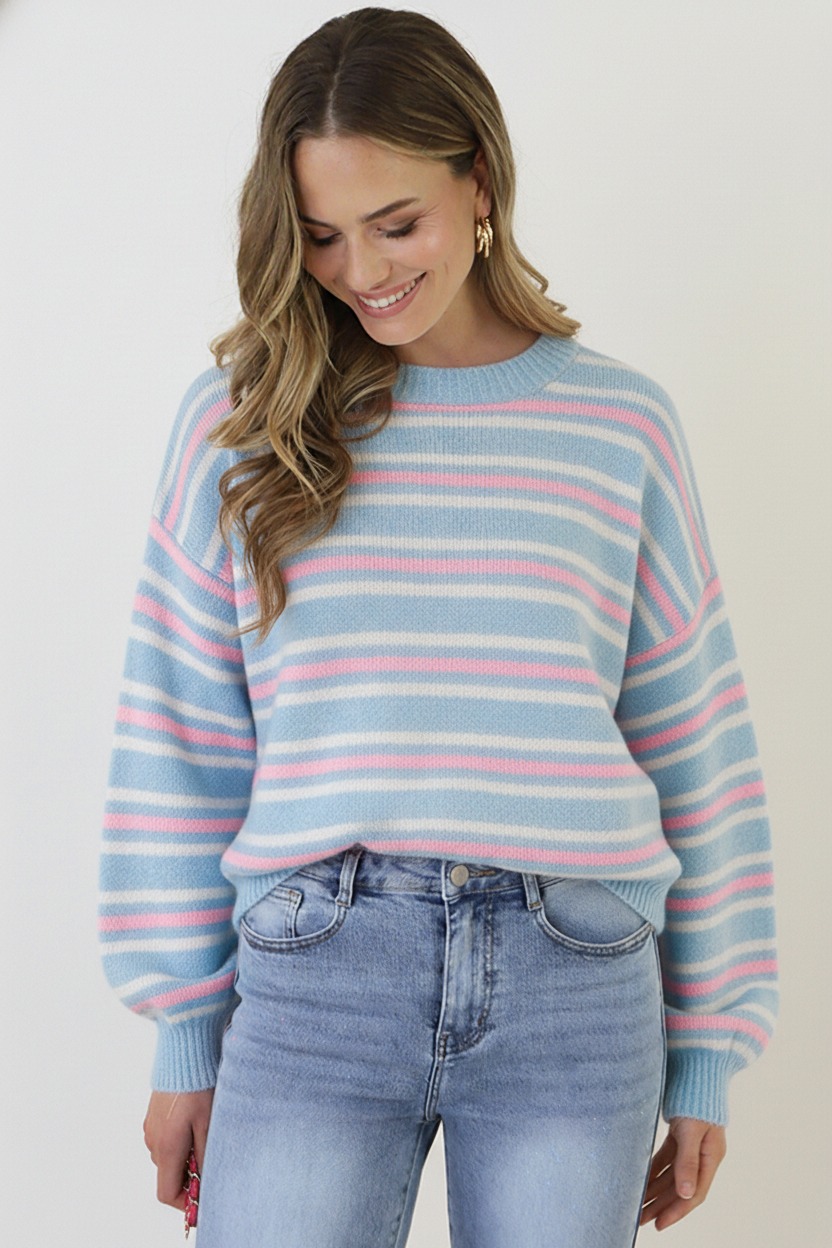 Striped Long Sleeve Knit Tricolore Baby Blue – truien, foto 6