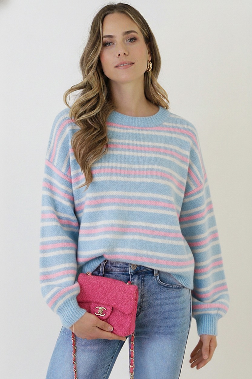 Striped Long Sleeve Knit Tricolore Baby Blue – truien