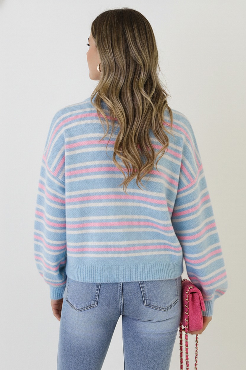 Striped Long Sleeve Knit Tricolore Baby Blue – truien, foto 3