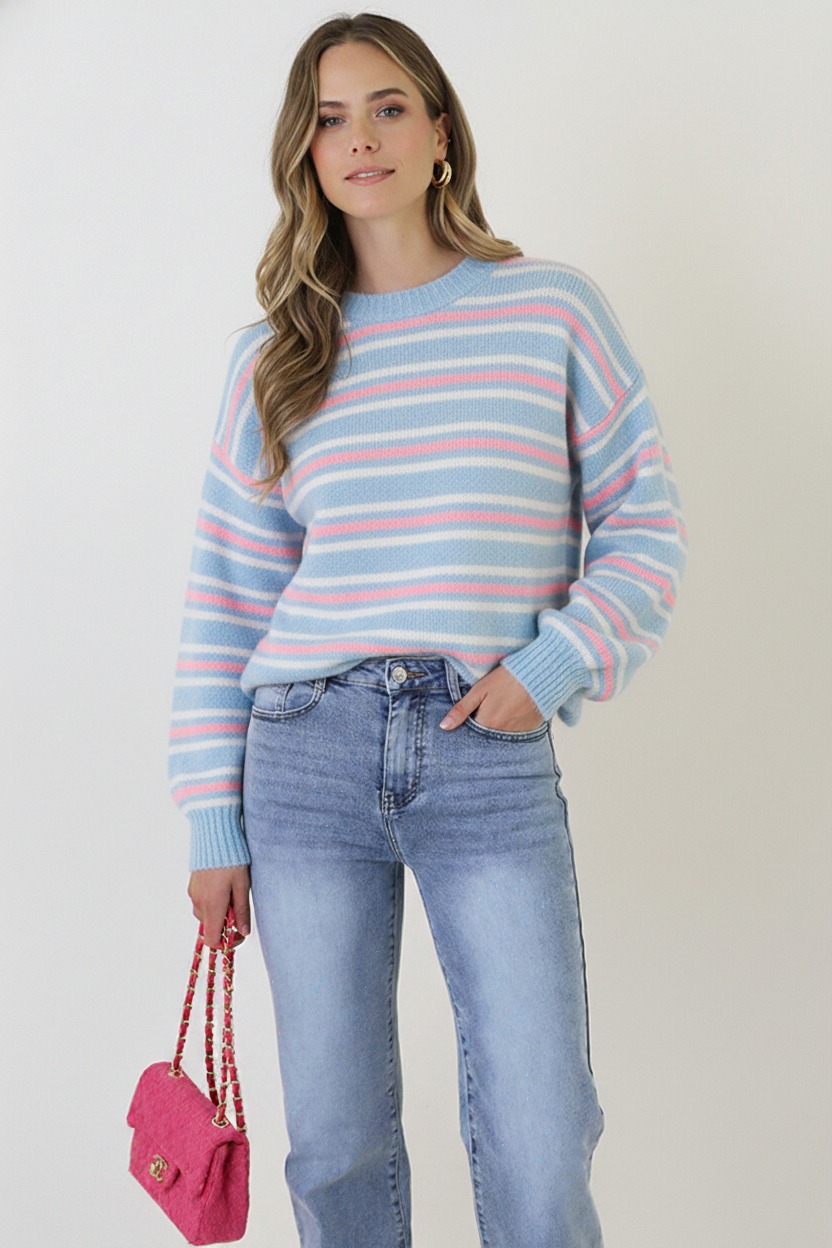 Striped Long Sleeve Knit Tricolore Baby Blue – truien, foto 5