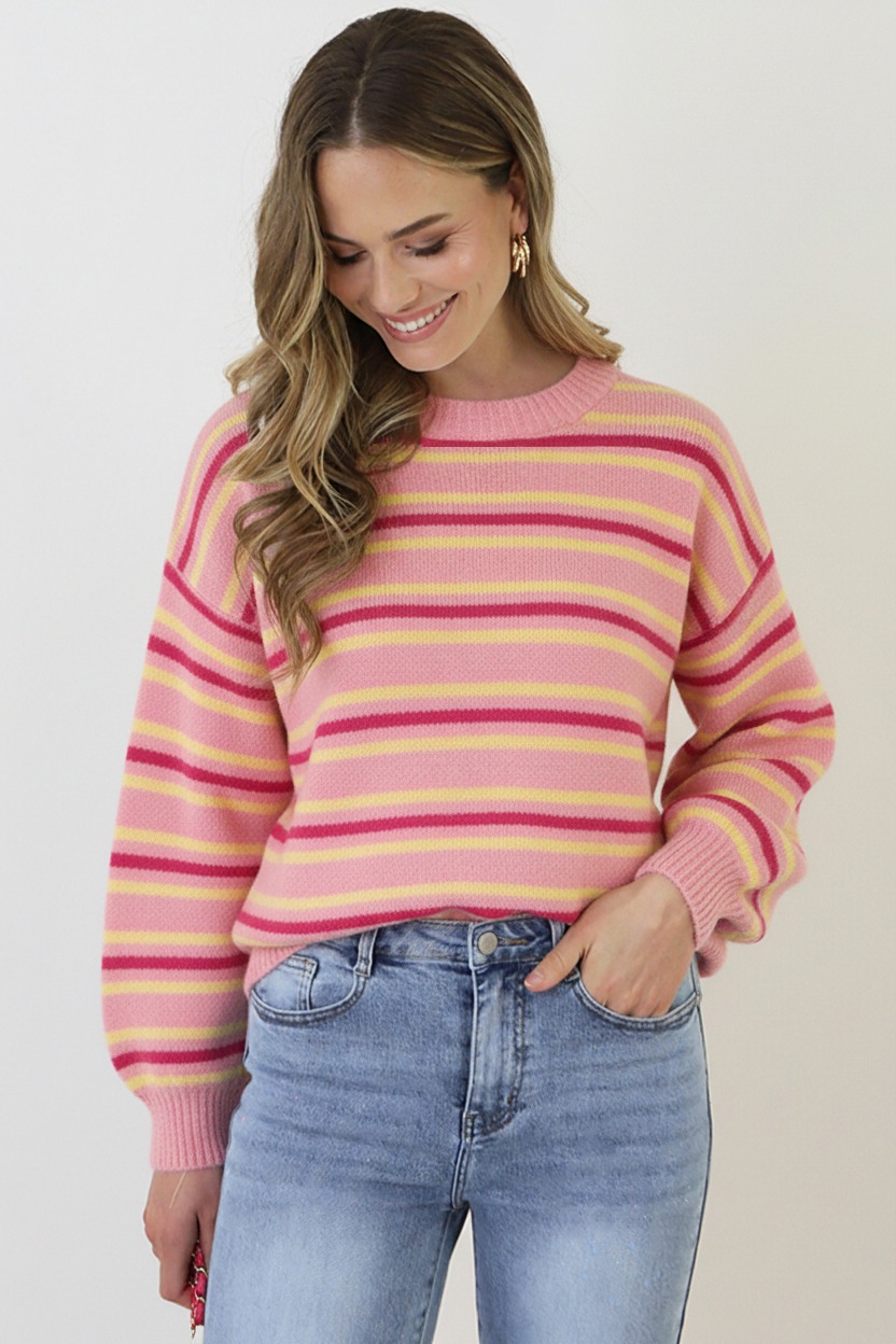 Striped Long Sleeve Knit Tricolore Roze – truien