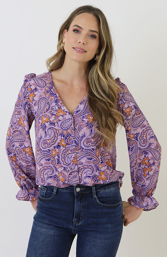 V-hals Knopen Blouse Paisley Lila – blouses, foto 11