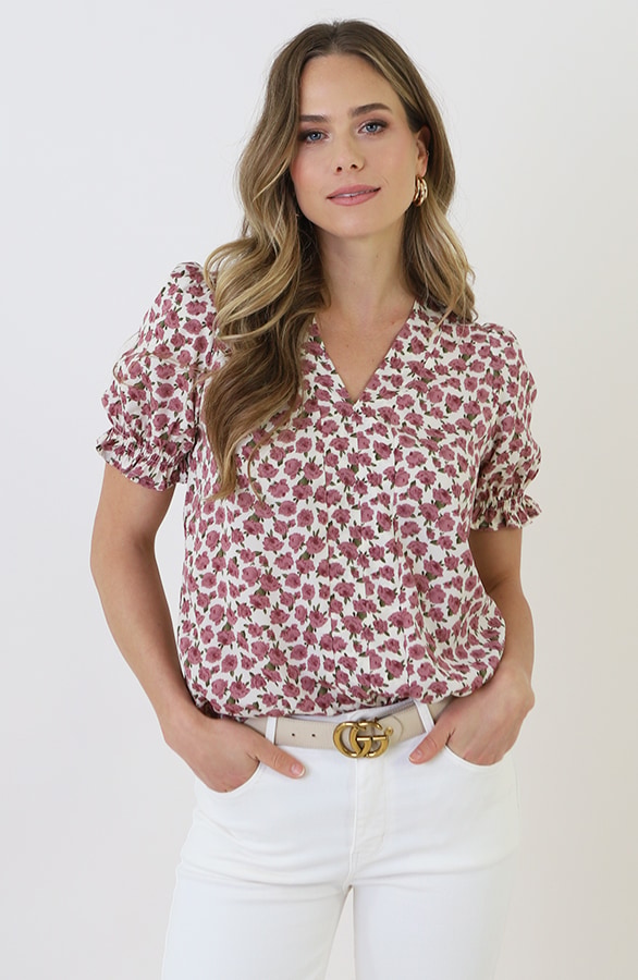 V-hals Pofmouw Top Rozen Print Ecru – tops, foto 7