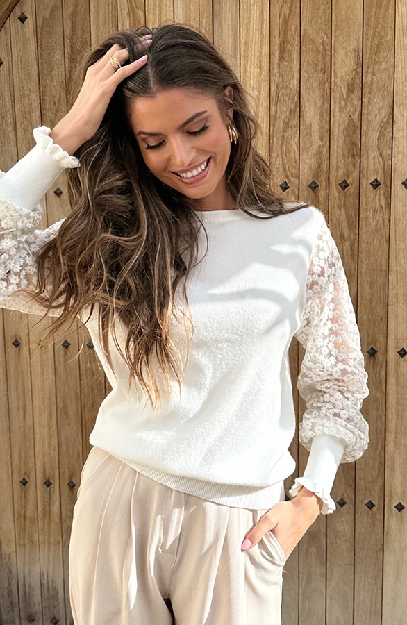 Embroidery Sleeve Soft Trui Ecru – truien, foto 6