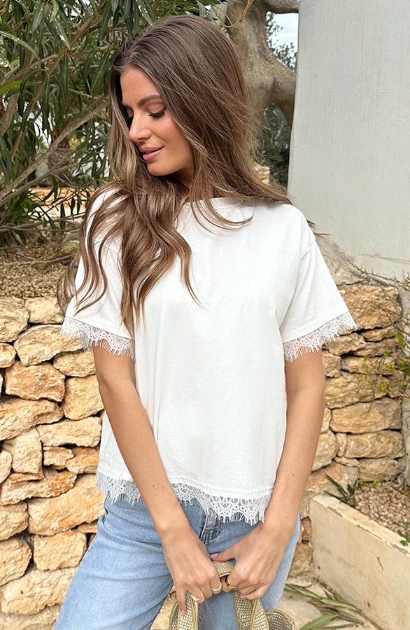 Kanten T-shirt Katoen Ecru – tops
