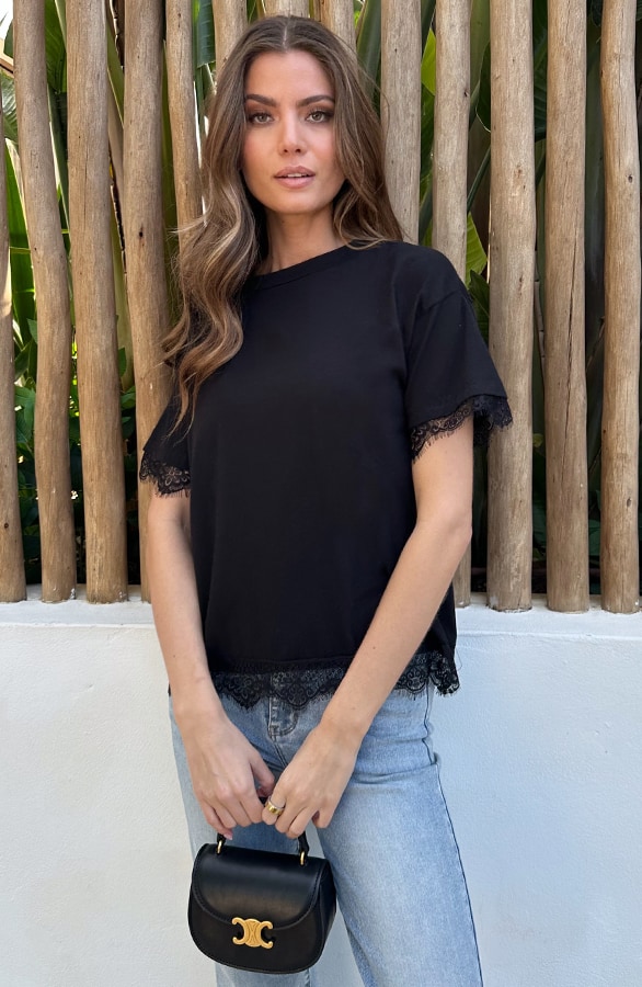 Kanten T-shirt Katoen Zwart – tops, foto 6