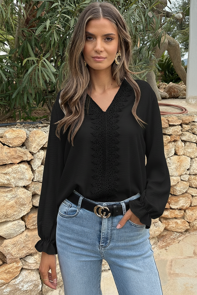 Kanten Boho Blouse Zwart – blouses, foto 3