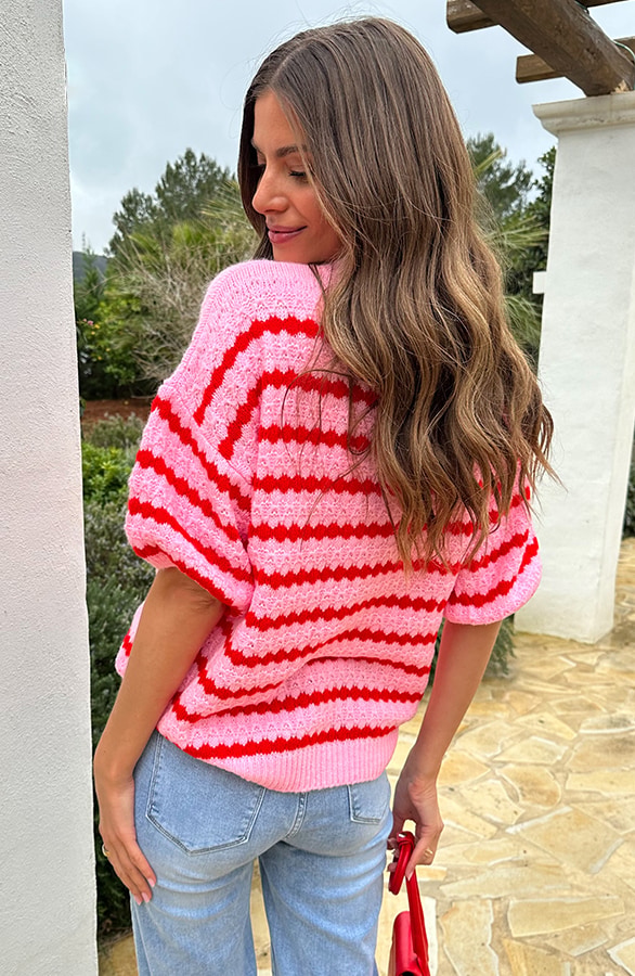 Knitted Striped Short Sleeve Top Roze – tops, foto 3