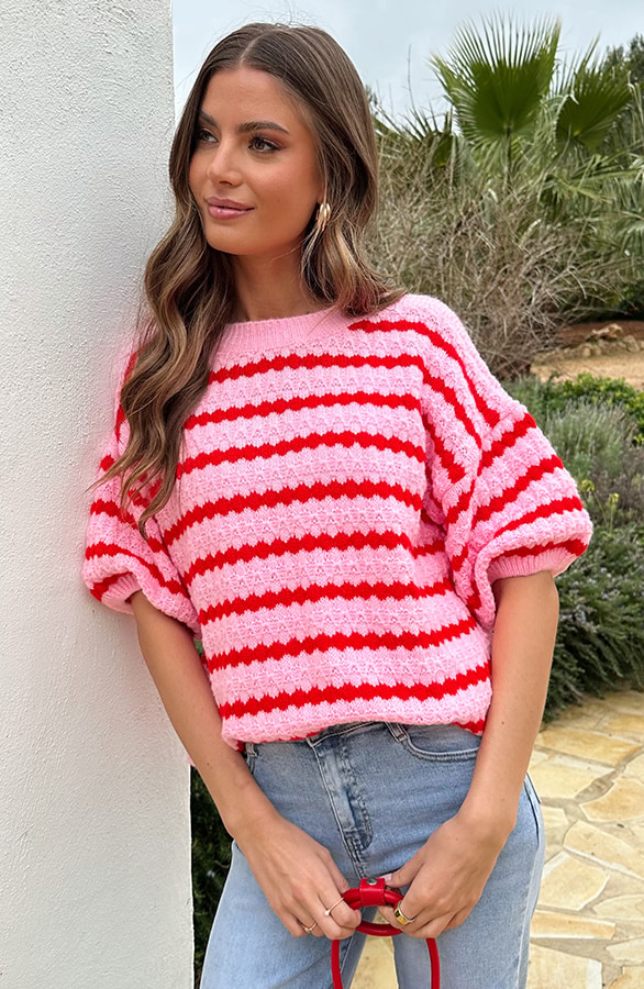Knitted Striped Short Sleeve Top Roze – tops