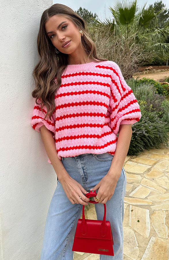 Knitted Striped Short Sleeve Top Roze – tops, foto 5