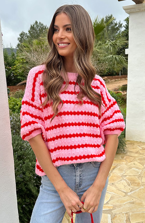 Knitted Striped Short Sleeve Top Roze – tops, foto 2