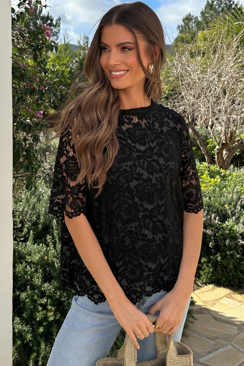 Lace Short Sleeve Top Zwart – tops, foto 4