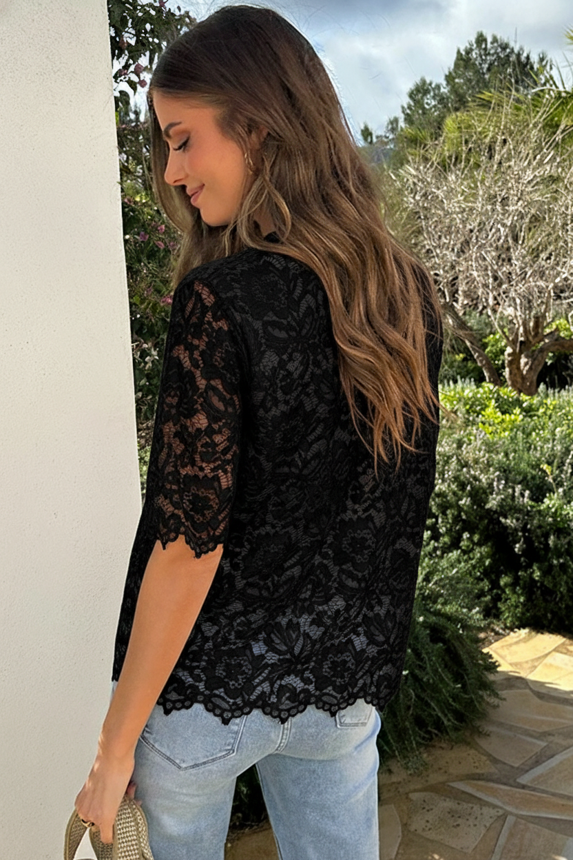 Lace Short Sleeve Top Zwart – tops, foto 3