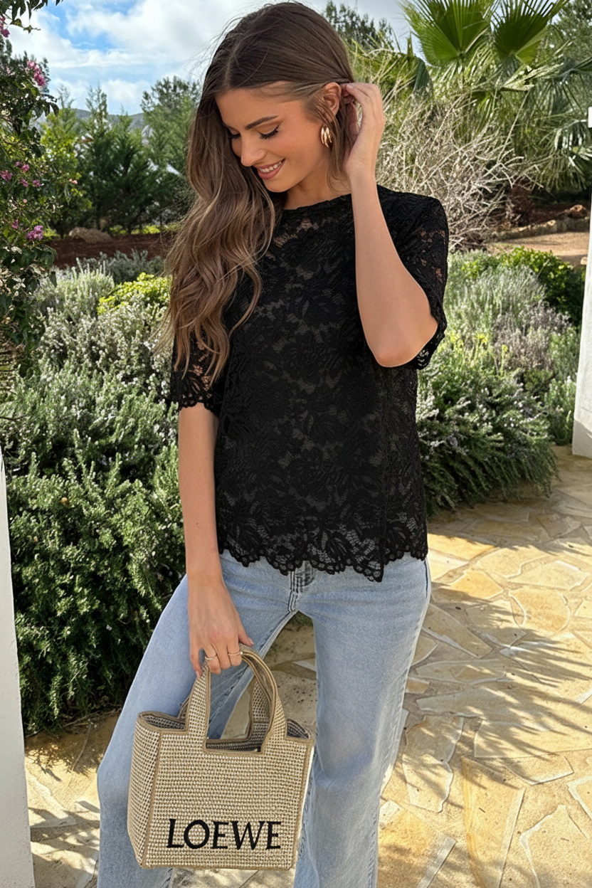 Lace Short Sleeve Top Zwart – tops, foto 7