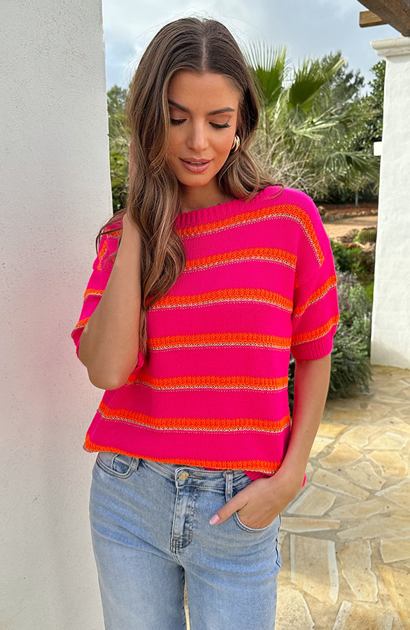 Lurex Striped Soft Trui Fuchsia Oranje – truien, foto 5