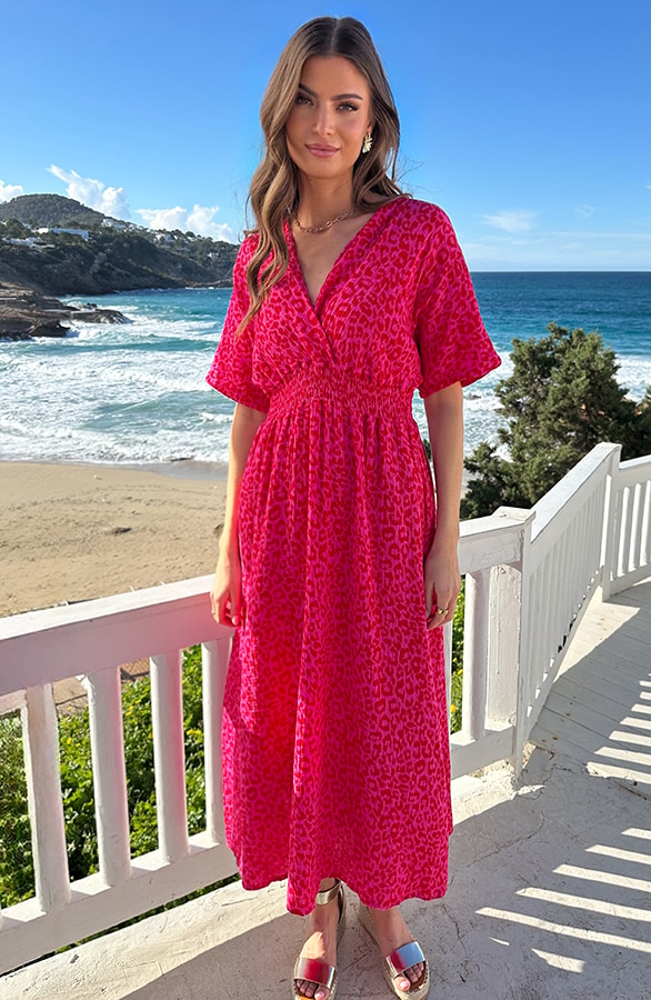 Maxi Jurk Mousseline Leopard Fuchsia Red – jurken, foto 6