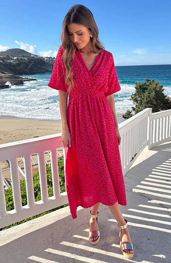 Maxi Jurk Mousseline Leopard Fuchsia Red – jurken