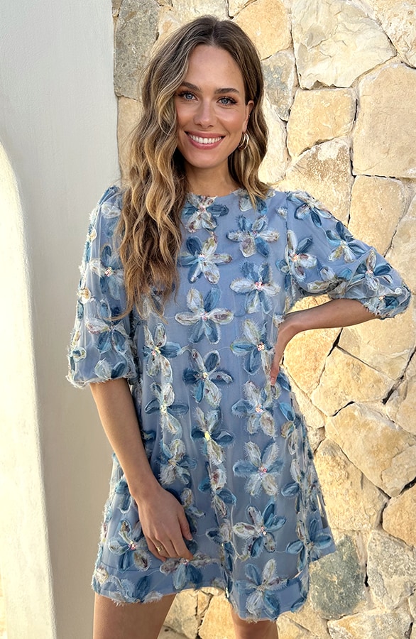Mesh Detail Pofmouw Bloem Jurk Blauw – jurken