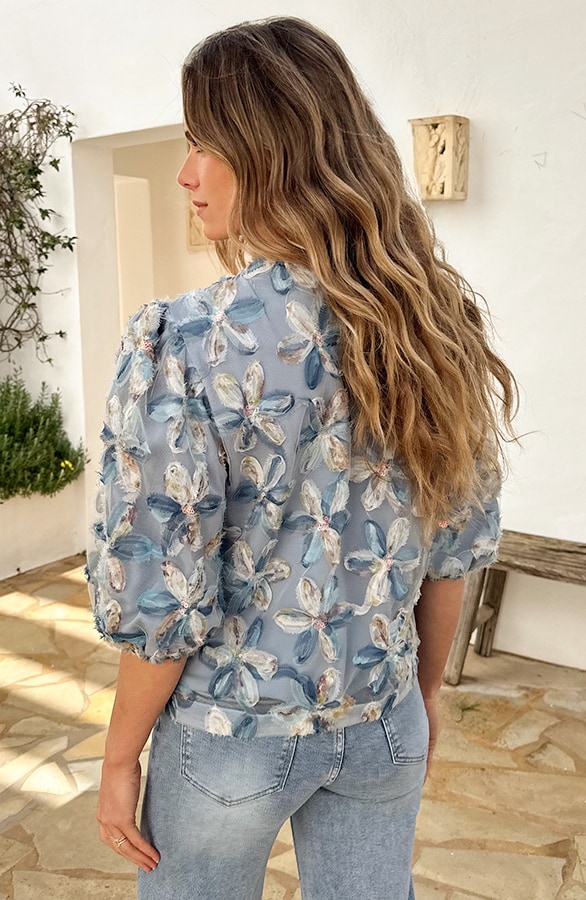 Mesh Detail Pofmouw Bloem Top Blauw – tops, foto 4