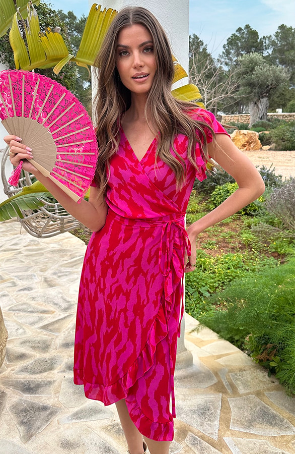 Midi Wikkel Jurk Zebra Fuchsia – jurken, foto 7