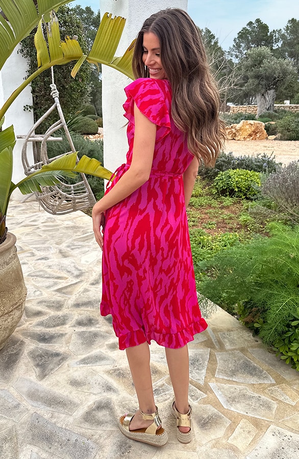 Midi Wikkel Jurk Zebra Fuchsia – jurken, foto 4