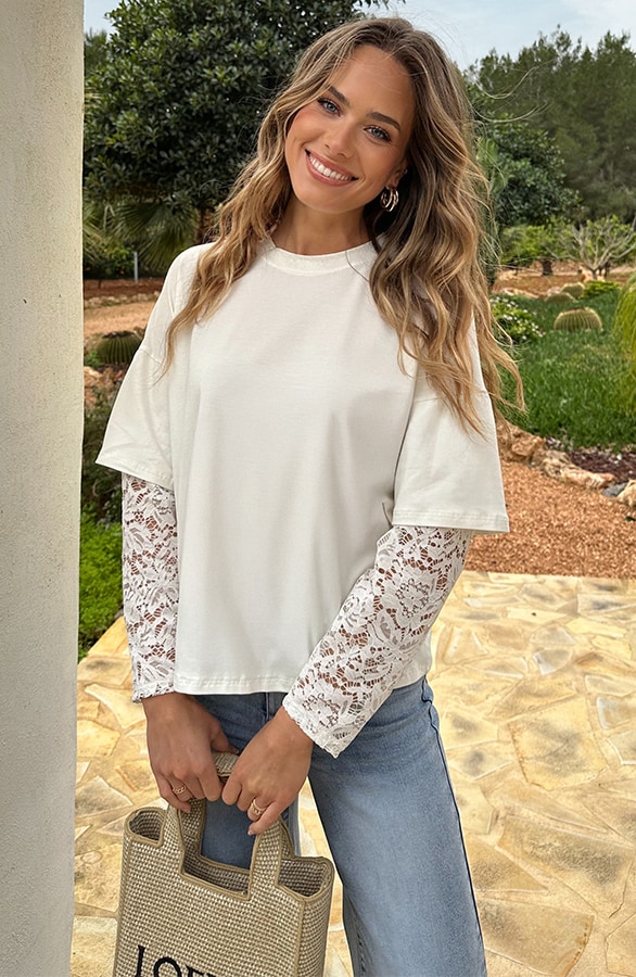 Oversized Lace Sleeve T-shirt Ecru – tops