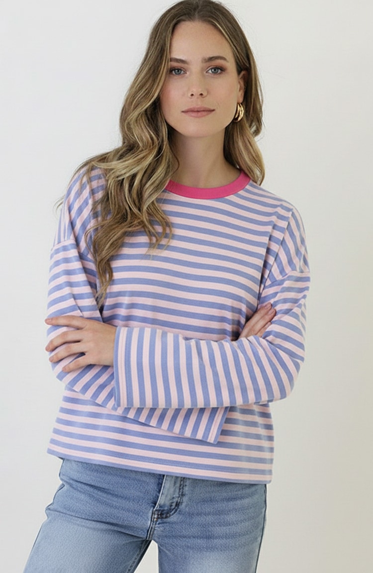 Oversized Strepen Top Katoen Baby Blue Roze – tops