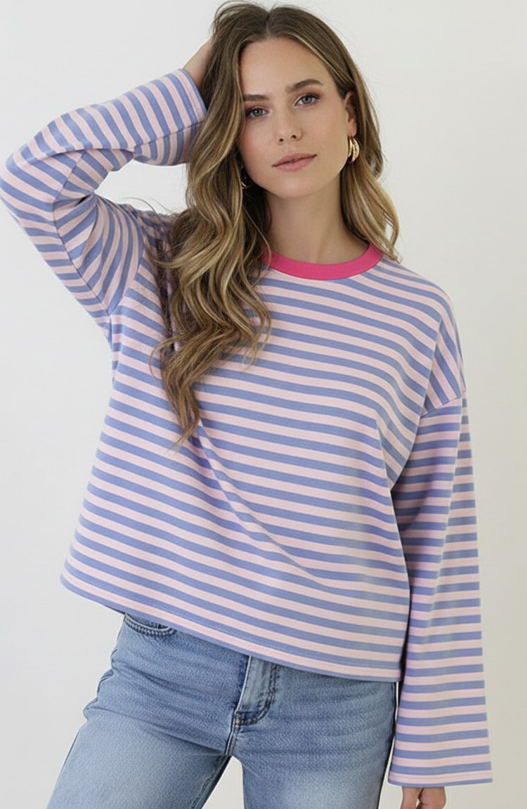 Oversized Strepen Top Katoen Baby Blue Roze – tops, foto 2
