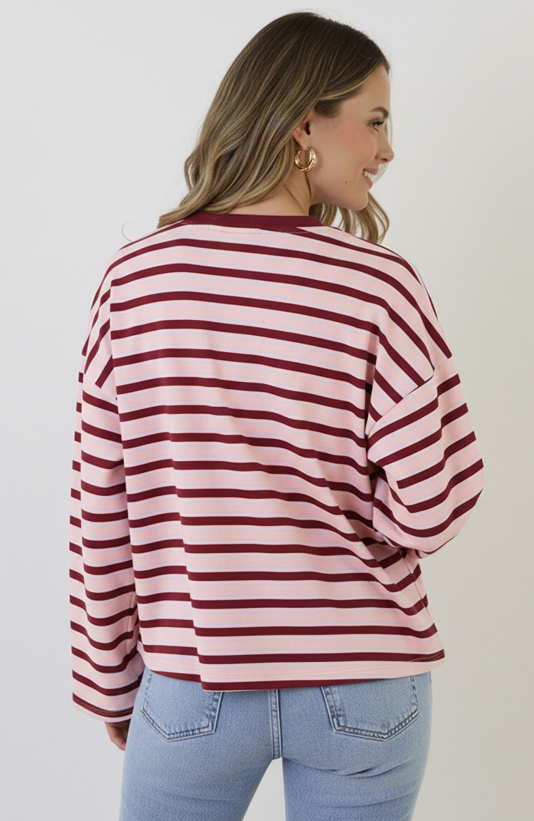 Oversized Streifen Top Baumwolle Tricolore Bordeaux Rosa, Tops, Foto 3