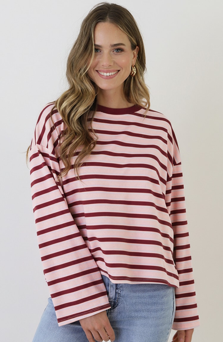 Oversized Streifen Top Baumwolle Tricolore Bordeaux Rosa, Tops, Foto 5