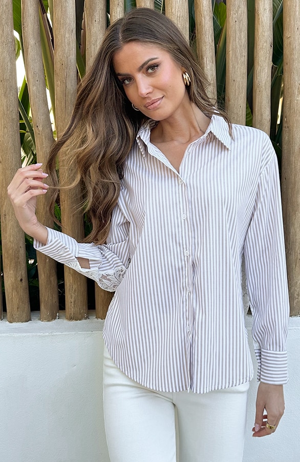 Oversized Stripe Lace Blouse Beige – blouses, foto 7