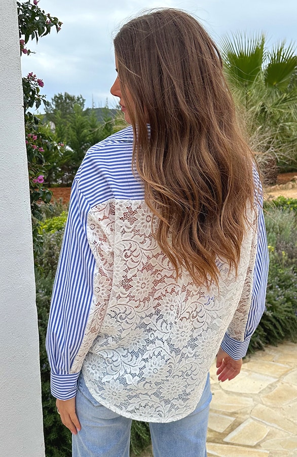 Oversized Stripe Lace Blouse Blue – blouses, foto 2
