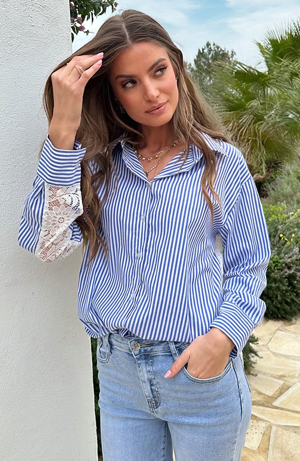 Oversized Stripe Lace Blouse Blue – blouses, foto 3