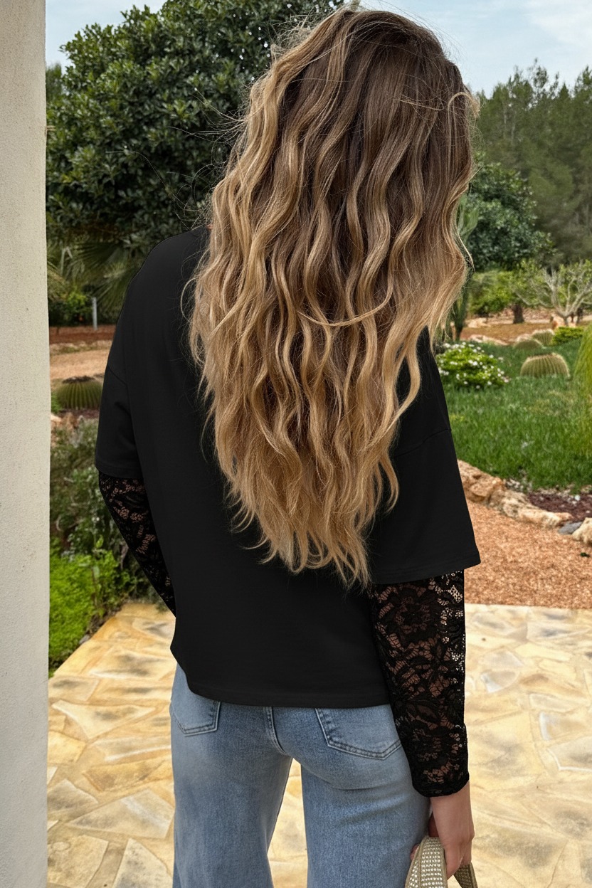 Oversized Lace Sleeve T-shirt Zwart – tops, foto 3