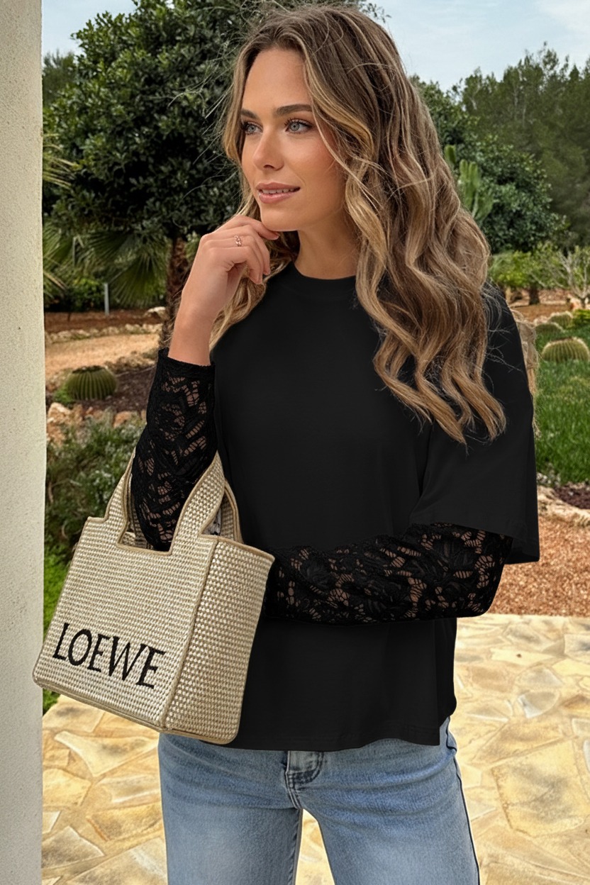 Oversized Lace Sleeve T-shirt Zwart – tops, foto 7