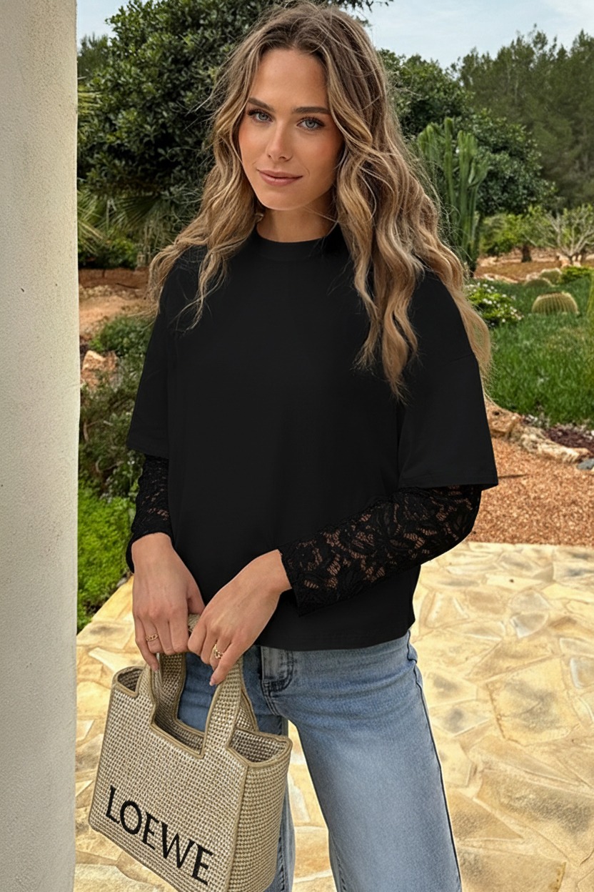 Oversized Lace Sleeve T-shirt Zwart – tops, foto 4