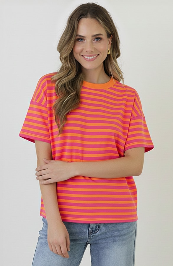 Strepen T-Shirt Katoen Fuchsia Orange – tops, foto 2