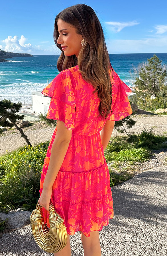 V-hals Ruffle Jurk Print Fuchsia Oranje – jurken, foto 3