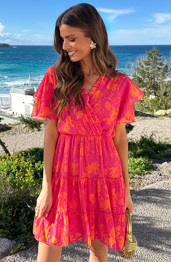 V-hals Ruffle Jurk Print Fuchsia Oranje – jurken, foto 4