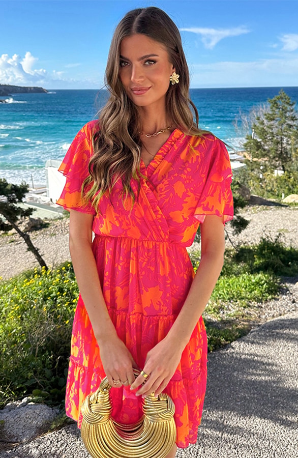 V-hals Ruffle Jurk Print Fuchsia Oranje – jurken, foto 5