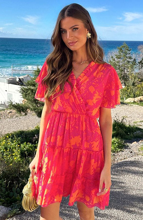 V-hals Ruffle Jurk Print Fuchsia Oranje – jurken