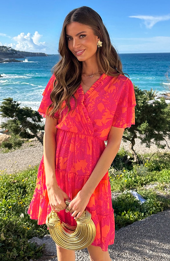 V-hals Ruffle Jurk Print Fuchsia Oranje – jurken, foto 6